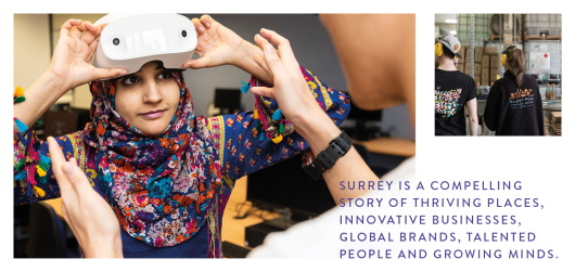 An inside spread from the toolkit which reads 'Surrey is a compelling story of thriving places, innovative businesses, global brands, talented people and growing minds'.